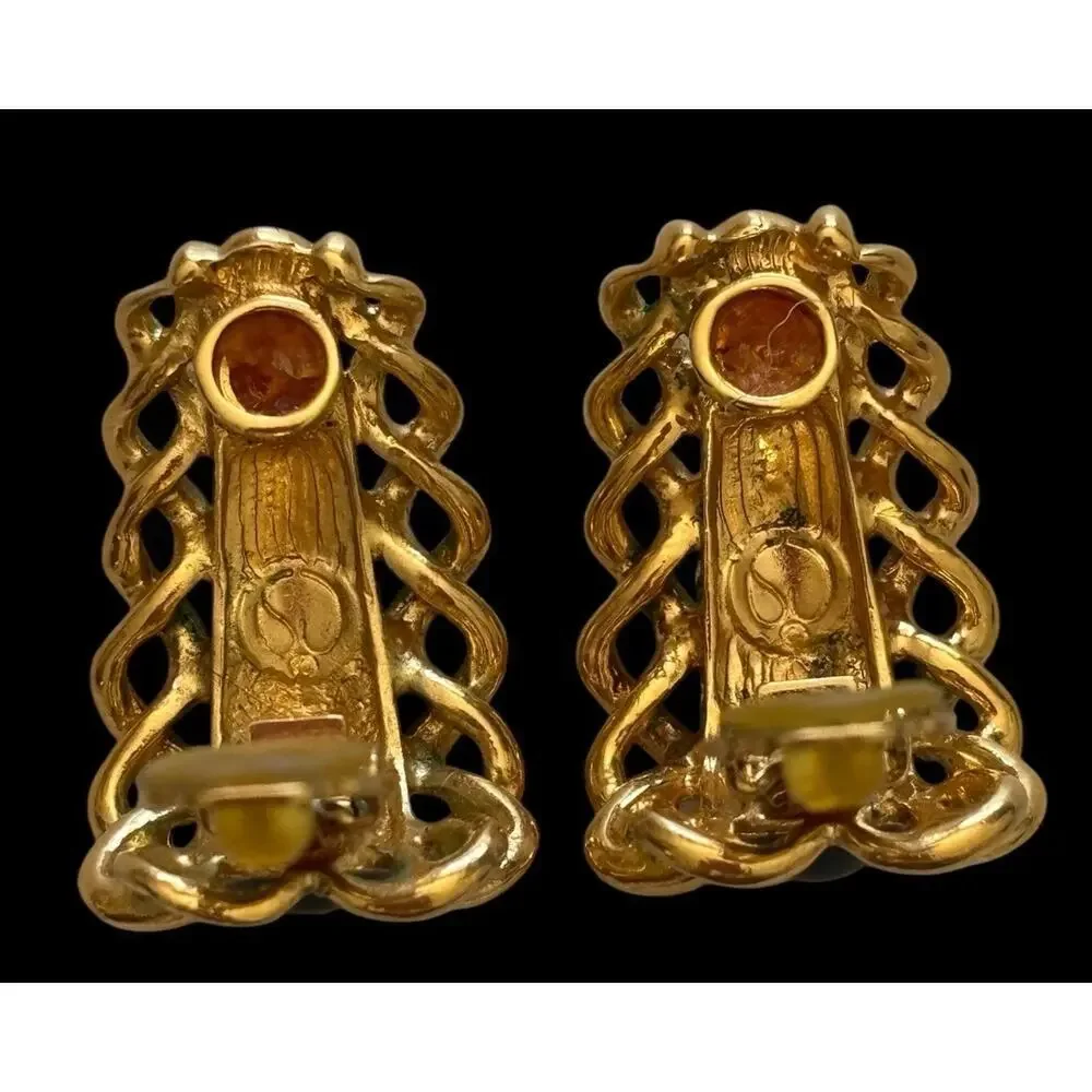 St. John Designer Gold Plate Twist Black Enamel Half Hoop Clip Earrings Vintage